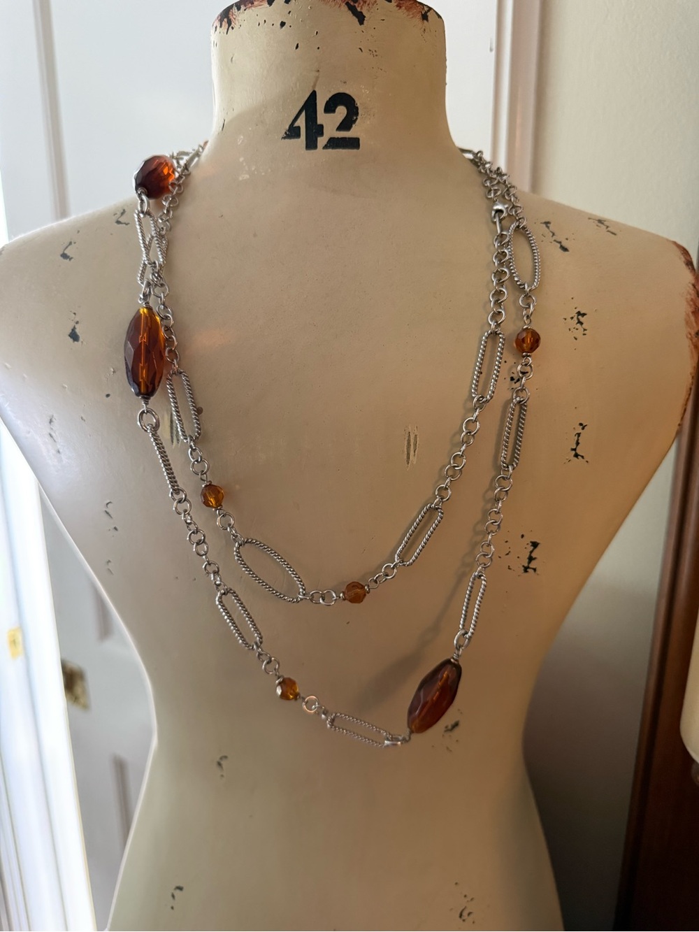 Long Silver Chain Necklace with Amber Beads